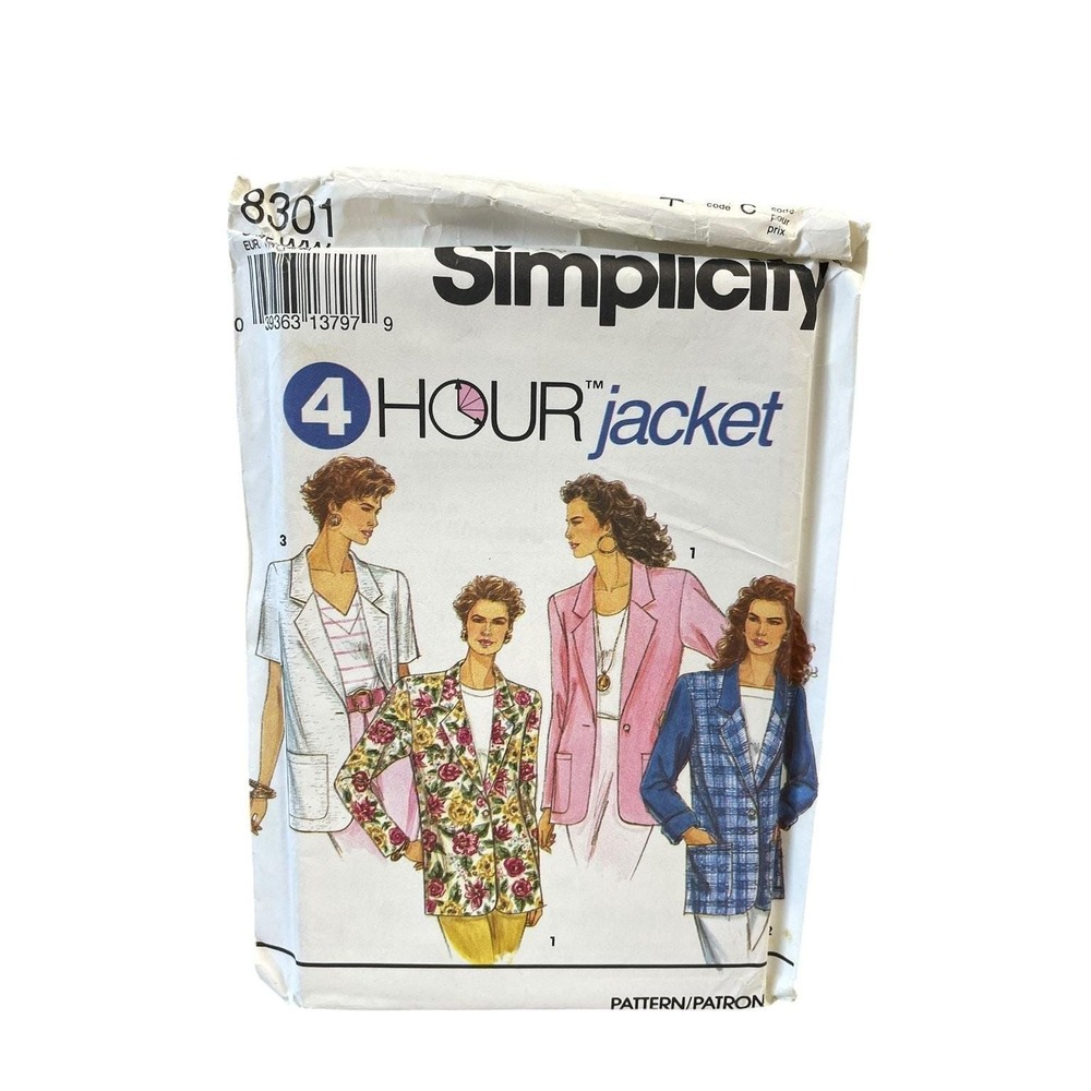 Simplicity 8301 Jacket Misses 18-24 90s Vintage Notched Collar Quick Sew